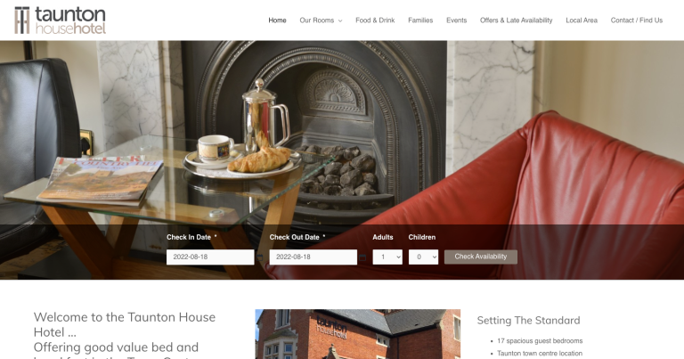 Web Design For Accommodation Independent Taunton hotel Somerset Town centre carpark Wifi